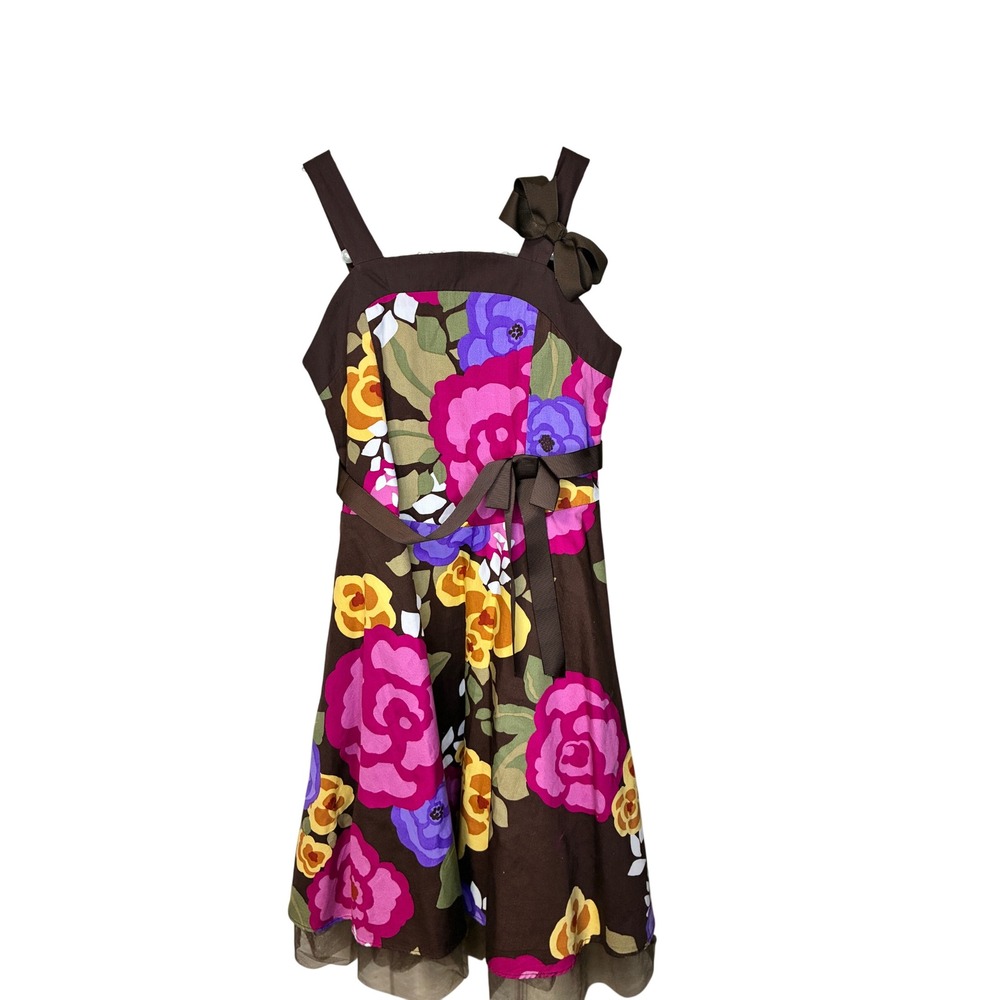 Rare Editions Floral Dress Girls 6 Brown Excellent Bow Tulle Hem Sleeveless